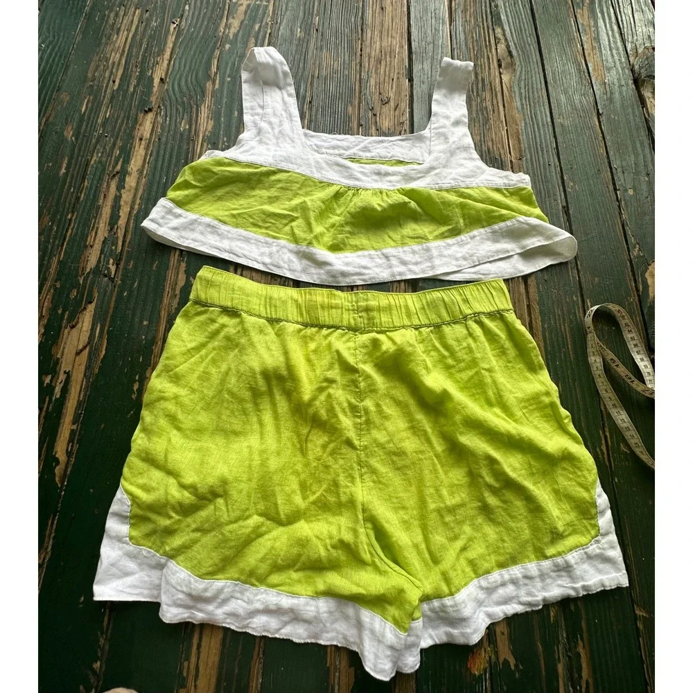 Haute Hippie Style Linen Blend Lime Green White Crop Top Shorts Set XL
